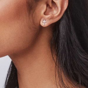 Cross 14k Yellow Gold Medium Stud Earrings in White Diamond - view 2