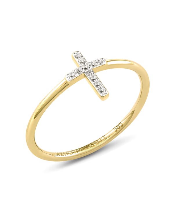 Cross 14k Yellow Gold Band Ring in White Diamond - view 2