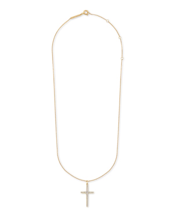 Large Cross 14k Yellow Gold Pendant Necklace in White Diamond - alternate view