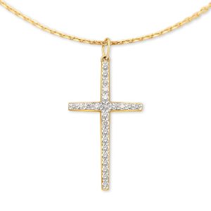 Large Cross 14k Yellow Gold Pendant Necklace in White Diamond